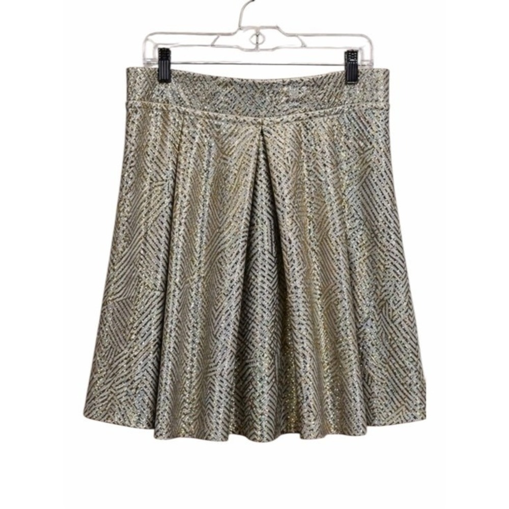 Anthropologie Jessy B Metallic Pleated Skater Skirt 2X Gold Geometric